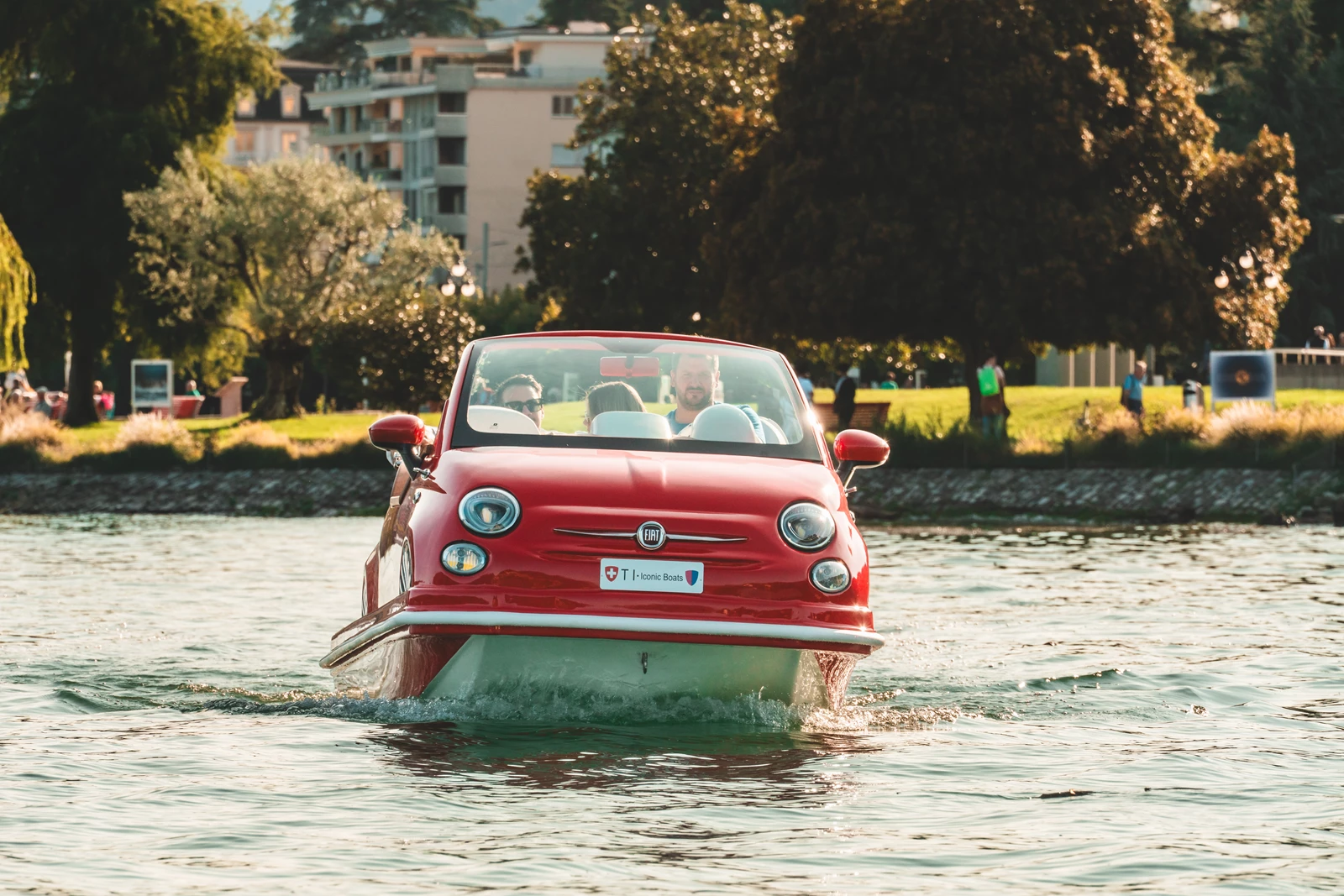 Fiat 500 boat driving around in the water
